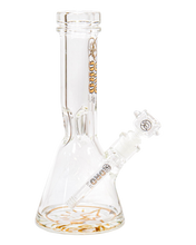 Load image into Gallery viewer, An Oro Glass Company 12 Karat Thick Beaker Water Pipe V2 with clear base logo.