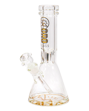 Load image into Gallery viewer, An Oro Glass Company 12 Karat Thick Beaker Water Pipe V2 with clear base logo.
