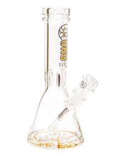Load image into Gallery viewer, An Oro Glass Company 12 Karat Thick Beaker Water Pipe V2 with clear base logo.