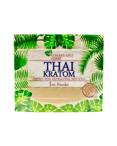 A 1 oz 28 gram bag of Remarkable Herbs Green Vein Thai Kratom Powder.