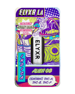 An Indica Alien OG Elyxr LA Live Resin Mutant Blend (THC-P, THC-B, THC-H) Cartridge (1 gram/1mL).