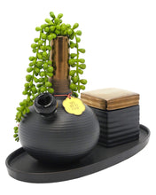 Load image into Gallery viewer, A Deangelo Bud Vase Bong with accompanying stash can and oval tray.
