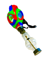 Load image into Gallery viewer, A blue, red, and green Gas Mask Bong with clear bong piece.