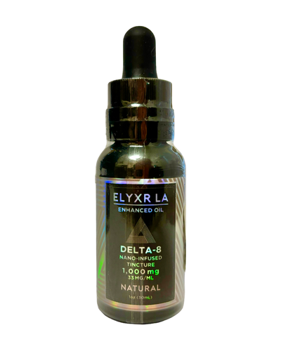 A bottle of Elyxr LA Delta 8 Tincture Oil (1gram/mL).