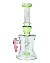 Load image into Gallery viewer, The back of a green and pink Slimy Eye Color-Accented Bong.