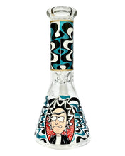 Load image into Gallery viewer, The back of a Punk Rick Sanchez Glass Beaker Bong.