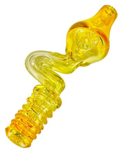 Load image into Gallery viewer, A yellow TKO Glassworks 4-Hole Squiggle Steamroller Pipe.