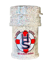 Load image into Gallery viewer, A clear glitter Mini Herb Saver Grinder.