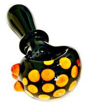 Load image into Gallery viewer, A Black Honeycomb Maria Spoon Pipe with orange spots handblown in America by TKO Glassworks.