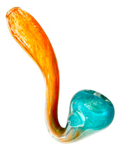 Load image into Gallery viewer, An orange and teal Two Tone Sherlock Pipe handblown by TKO Glassworks.