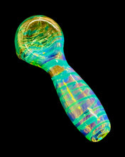 Load image into Gallery viewer, A blue Kitchen Glass Designs Fumed Swirl Spoon Pipe showing off its color-changing fumed glass.