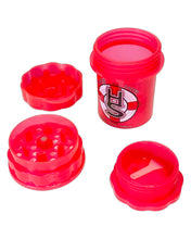 Load image into Gallery viewer, A red Large Herb Saver Grinder deconstructed.