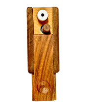 Load image into Gallery viewer, The open top of a Rick and Morty Wood Dugout, showing the storage slots for its metal cigarette one-hitter and its metal cleaning stick.