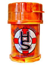 Load image into Gallery viewer, An oragne and brown tie dye Large Herb Saver Grinder.