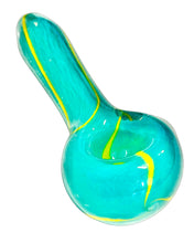Load image into Gallery viewer, A teal and yellow Frit Line Spoon Pipe handblown by TKO Glassworks.