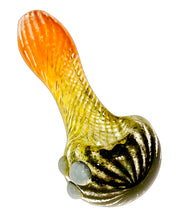 Load image into Gallery viewer, A black, yellow, and orange 3-Color Frit Conturax Spoon Pipe made in the USA by TKO Glassworks.