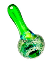 Load image into Gallery viewer, A green Fumed Frit Head Spoon Pipe handblown by TKO Glassworks.