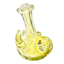 Load image into Gallery viewer, A yellow Horned Fumie Dot Stand-Up Spoon Pipe handblown by TKO Glassworks.