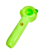 Load image into Gallery viewer, A Moocha Glass Mini Mint Spoon Pipe with a green dot accent.