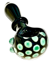 Load image into Gallery viewer, A Black Honeycomb Maria Spoon Pipe with green spots handblown in America by TKO Glassworks.