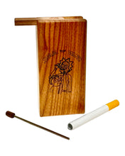 Load image into Gallery viewer, An open Rick and Morty Wood Dugout, its metal cigarette one-hitter, and its metal cleaning stick.
