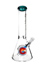 Load image into Gallery viewer, A teal Glasslab 303 Beaker with Color Accents.