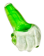 Load image into Gallery viewer, A white and green Frit Gripper Spoon Pipe handblown by TKO Glassworks.