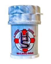 Load image into Gallery viewer, A white and gray tie dye Mini Herb Saver Grinder.