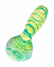 Load image into Gallery viewer, A blue Kitchen Glass Designs Fumed Swirl Spoon Pipe.
