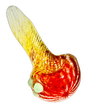 Load image into Gallery viewer, A red, yellow, and white 3-Color Frit Conturax Spoon Pipe made in the USA by TKO Glassworks.