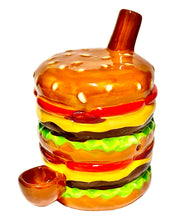 Load image into Gallery viewer, A Roast & Toast Cheeseburger Ceramic Hand Pipe.