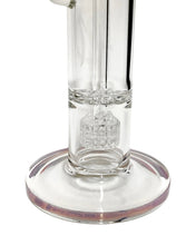 Load image into Gallery viewer, The ratchet perc, drop matrix perc, and base of a pink-colored Monark Clear Ratchet Double Perc Bong.