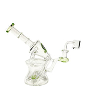 Load image into Gallery viewer, The side of a green-colored Encore Ray Gun Recycler Dab Rig.