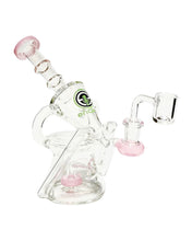Load image into Gallery viewer, A pink and green-colored Encore Ray Gun Recycler Dab Rig.