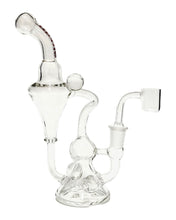 Load image into Gallery viewer, The side of an Encore Clear Marble Recycler Dab Rig with a red logo.