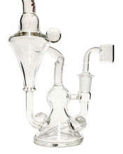 Load image into Gallery viewer, The inline perc and recycler base of an Encore Clear Marble Recycler Dab Rig with a red logo.