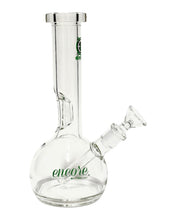 Load image into Gallery viewer, The side of an Encore Fixed Stem Bubble Bong with green decals.