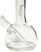 Load image into Gallery viewer, The popped hole perc and base of an Encore Fixed Stem Bubble Bong with green decals.