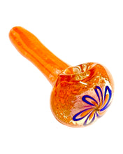 Load image into Gallery viewer, An orange TKO Inside Out Frit Flower Spoon Pipe with blue and orange flower.
