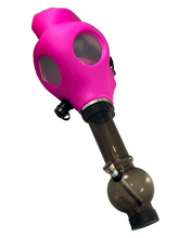 Load image into Gallery viewer, A pink Gas Mask Bong with a black acrylic bong.