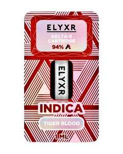 A Tiger Blood Indica Elyxr LA Delta 8 THC Cartridge (1g/1mL).