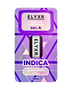 A Blackberry Chill Indica Elyxr LA Delta 8 THC Cartridge (1g/1mL).