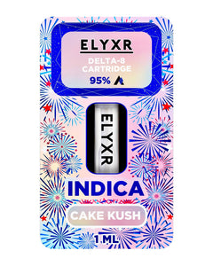 A Cake Kush Indica Elyxr LA Delta 8 THC Cartridge (1g/1mL).