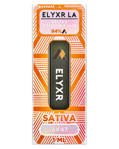 An AK47 Sativa Elyxr LA Delta 8 THC Disposable Vape (1 Gram/1mL).