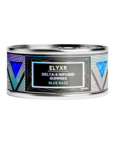 A 20-pack container of Blue Razz Elyxr LA Delta 8 THC Gummies (500mg).