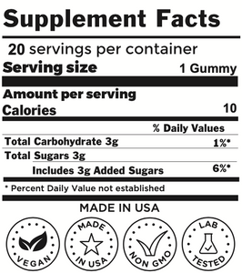 The supplement facts for a 20-pack container of Orange Elyxr LA Delta 8 THC Gummies (500mg).