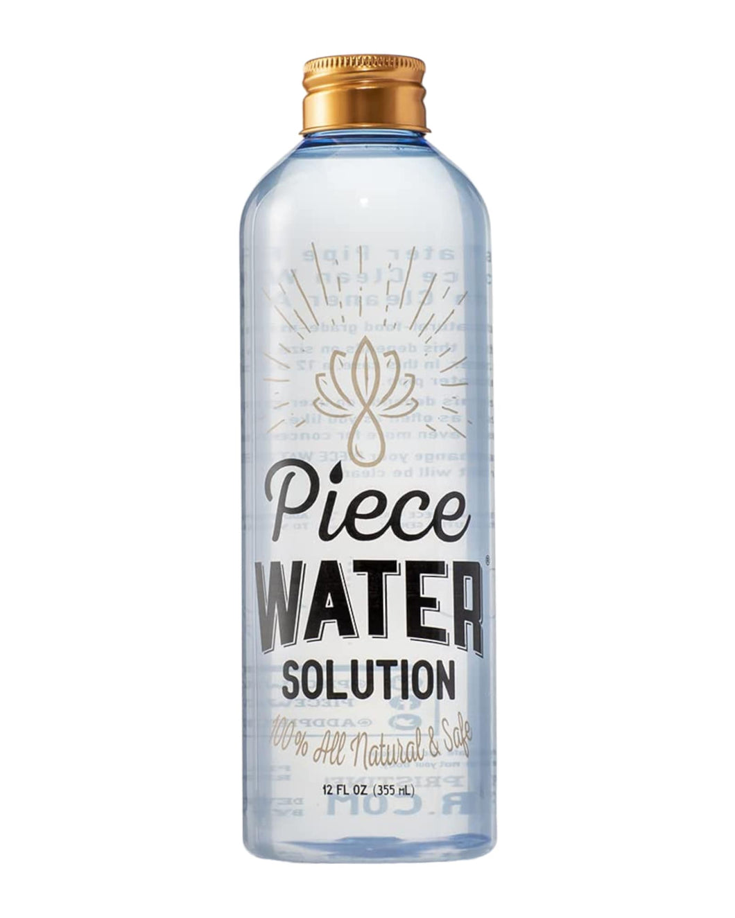 A 12oz 355 ml bottle of Piece Water Solution.