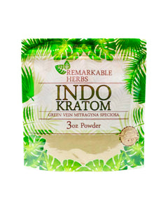 A 3 oz 85 gram bag of Remarkable Herbs Green Vein Indo Kratom Powder.
