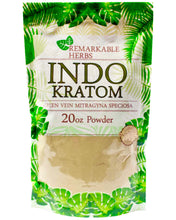 Load image into Gallery viewer, A 20 oz 567 gram bag of Remarkable Herbs Green Vein Indo Kratom Powder.
