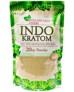 A 20 oz 567 gram bag of Remarkable Herbs Green Vein Indo Kratom Powder.